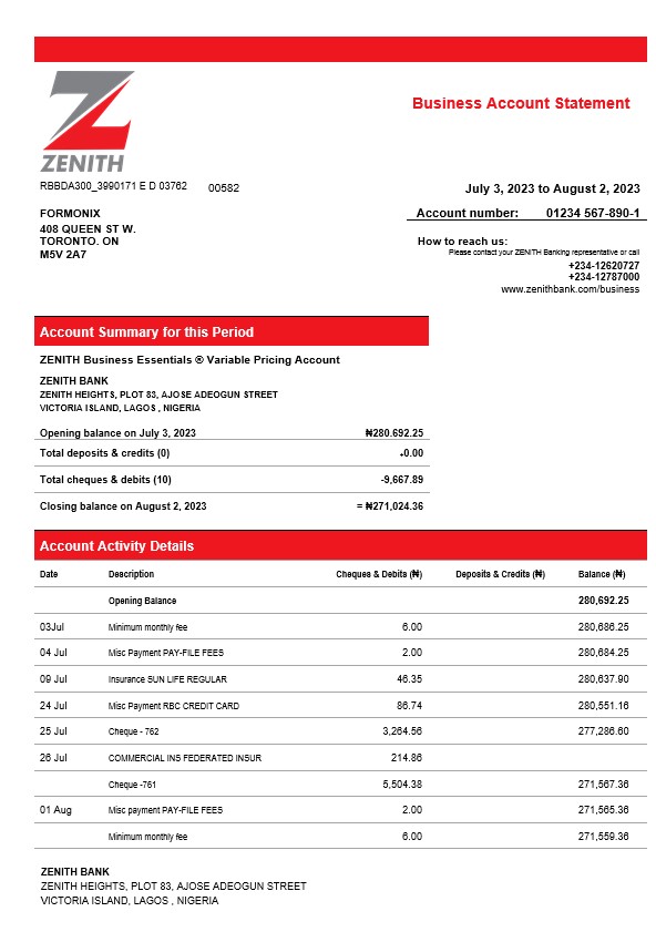 Modèle Word et PDF de relevé de compte courant d'entreprise Zenith Bank